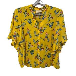 Anthropologie Maeve Aveiro Flutter Sleeve Button Down Blouse Yellow Floral Sz L